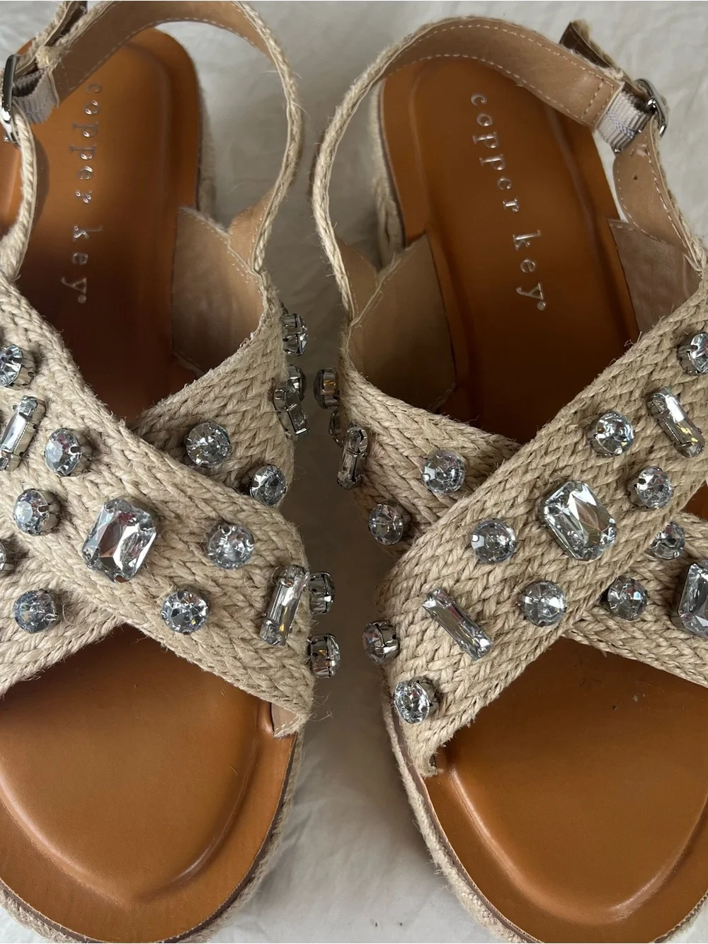 Copper Key Woven Strap Natural Beige Jeweled Platform Espadrille Sandals sz9.5